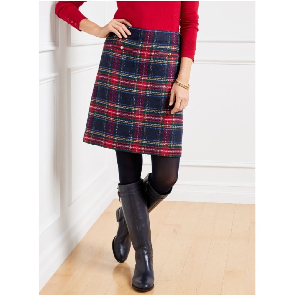 Talbots A-Line Mini Skirt in Glee Plaid Red Navy Blue 16 Plus Petitie
